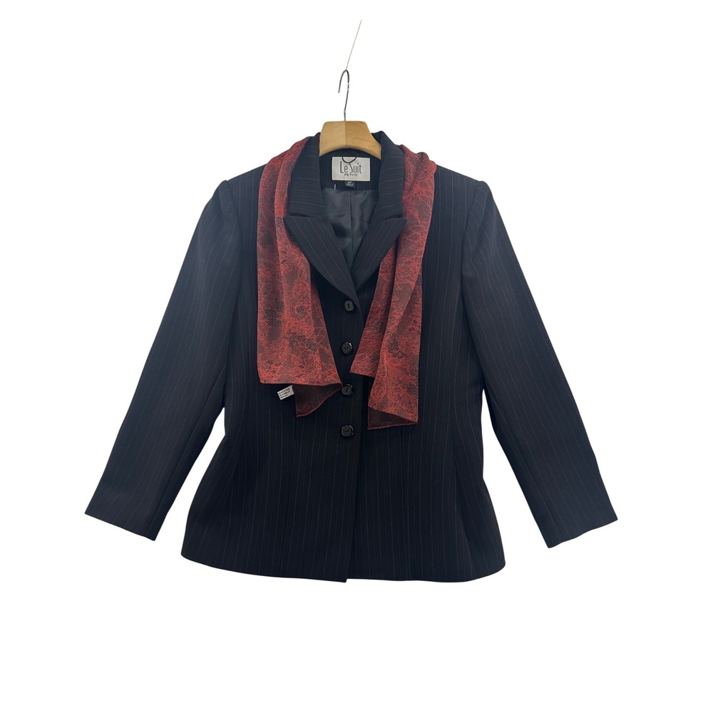 Le Suit Petite‎ Black Pinstripe Blazer Jacket with Red Scarf Womens 8P